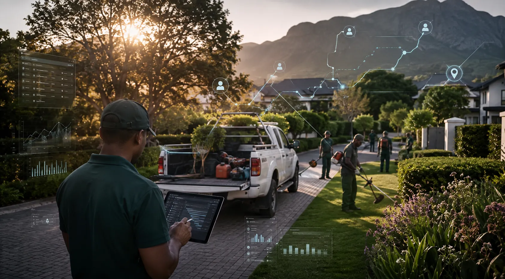 A Mountain Streams supervisor reviewing job schedules on a tablet while a landscaping crew works along a suburban street, with scheduling, route and reporting interfaces shown alongside.